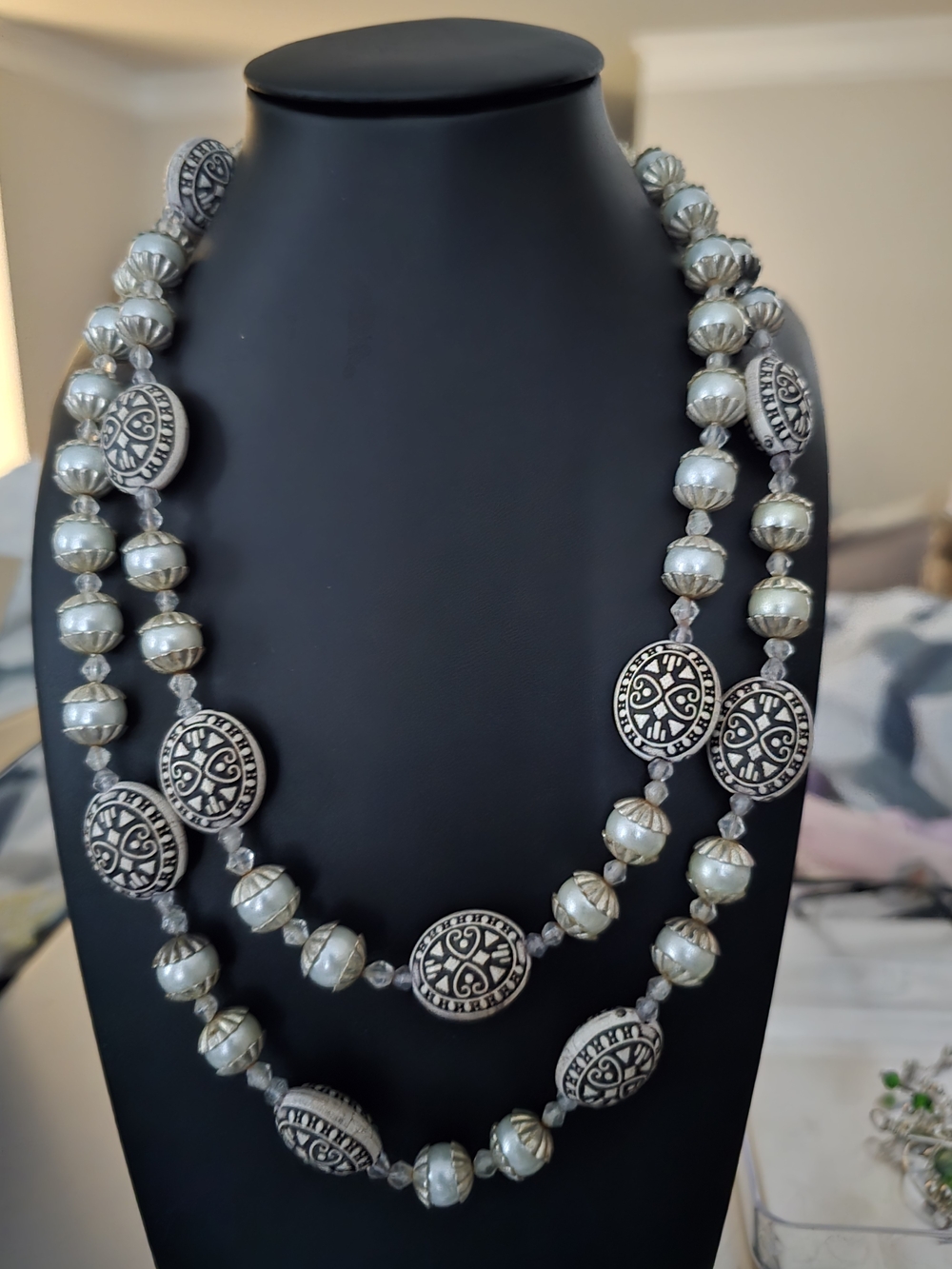 Vintage Long Boho Convertible Faux Pearl & Tribal Silver Etched Bead Long Strand